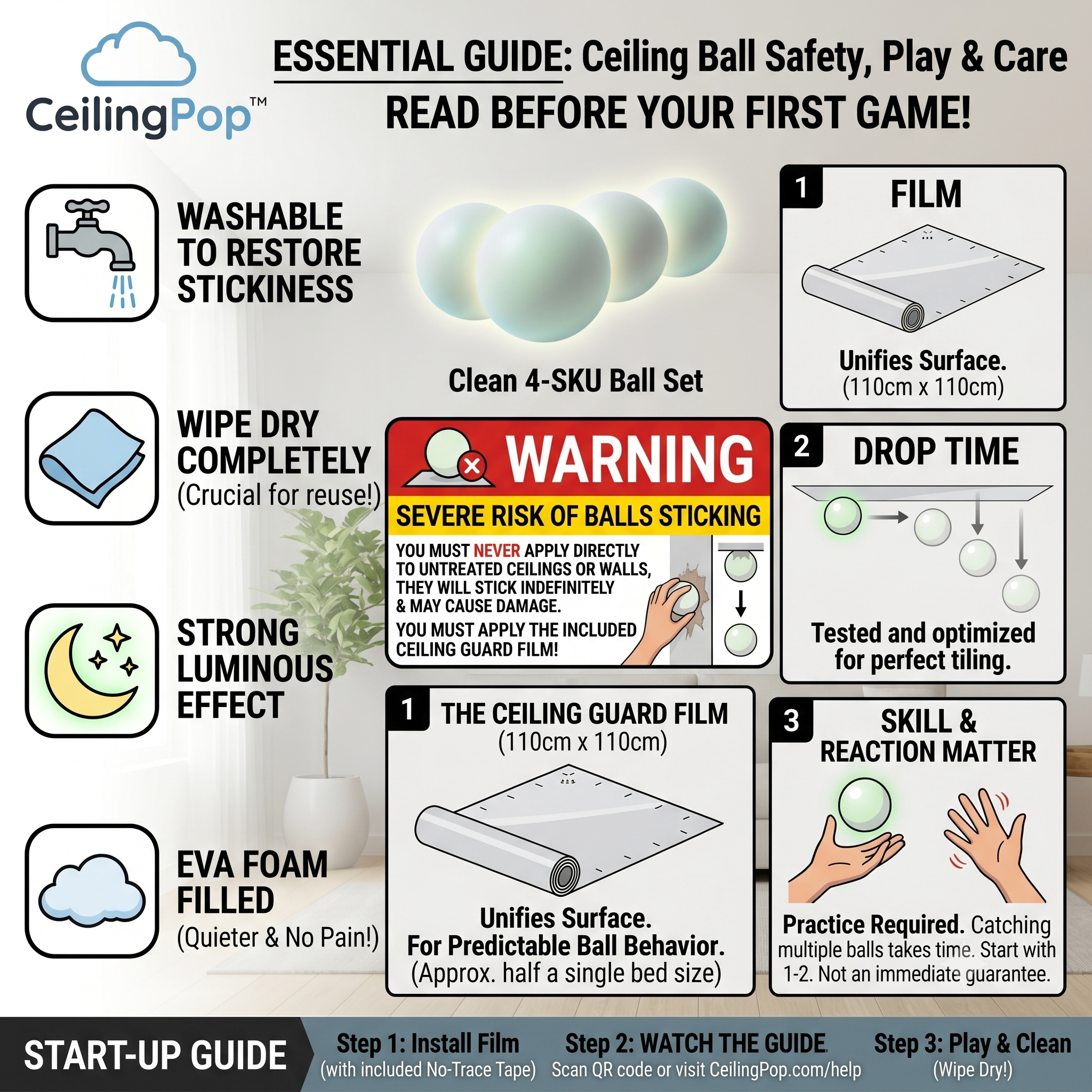 CeilingPop™ Luminous Sticky Ball Set (4 Pcs) - 100% Mess-Free Ceiling Toy